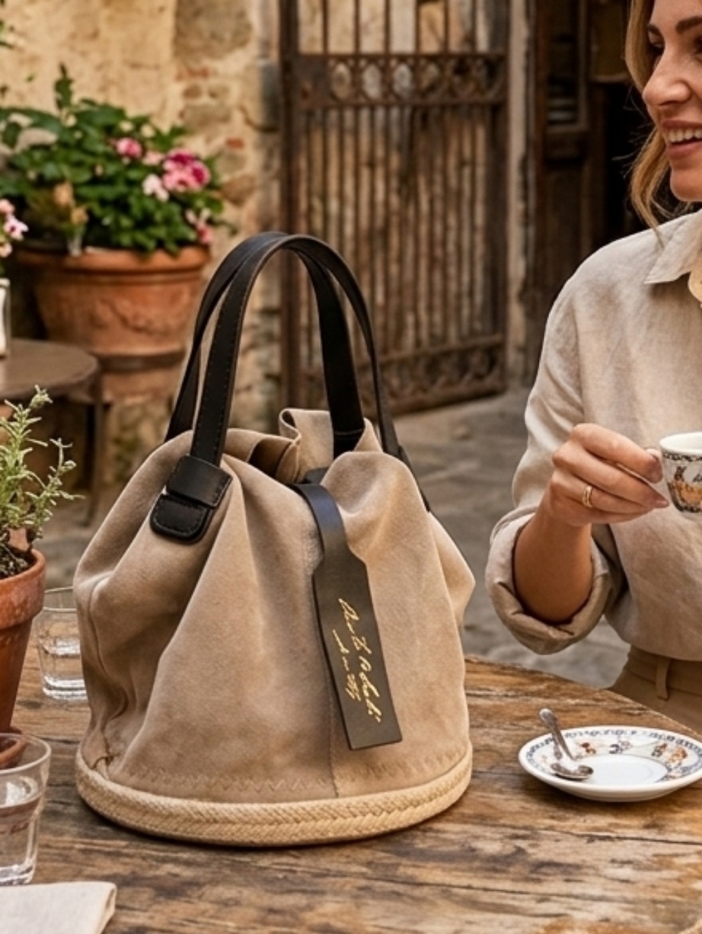 Anita Bilardi Tan Suede Espadrille Bucket, Shoulder, Bag Italy, Quiet Luxury - Picture 4 of 15